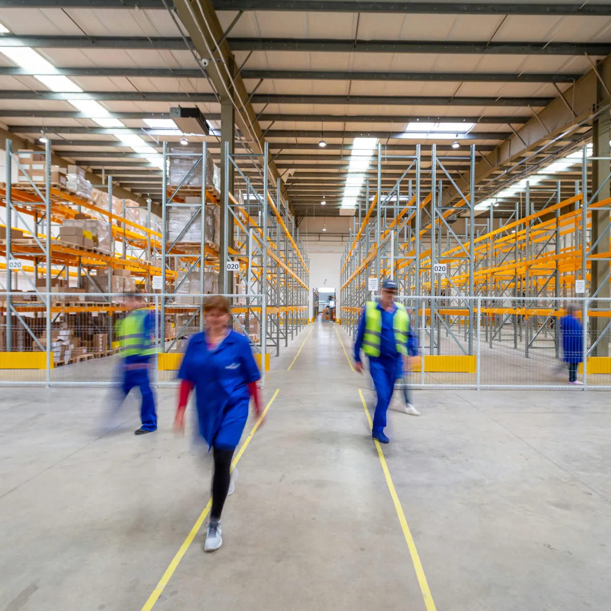 Warehouse interior with tall empty orange shelves and four blurred workers in blue uniforms walking along marked aisles.